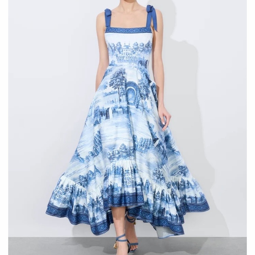 Alice + Olivia Rosalee Chateau Toile de Jouy Maxi Dress Blue Floral Bustier 10